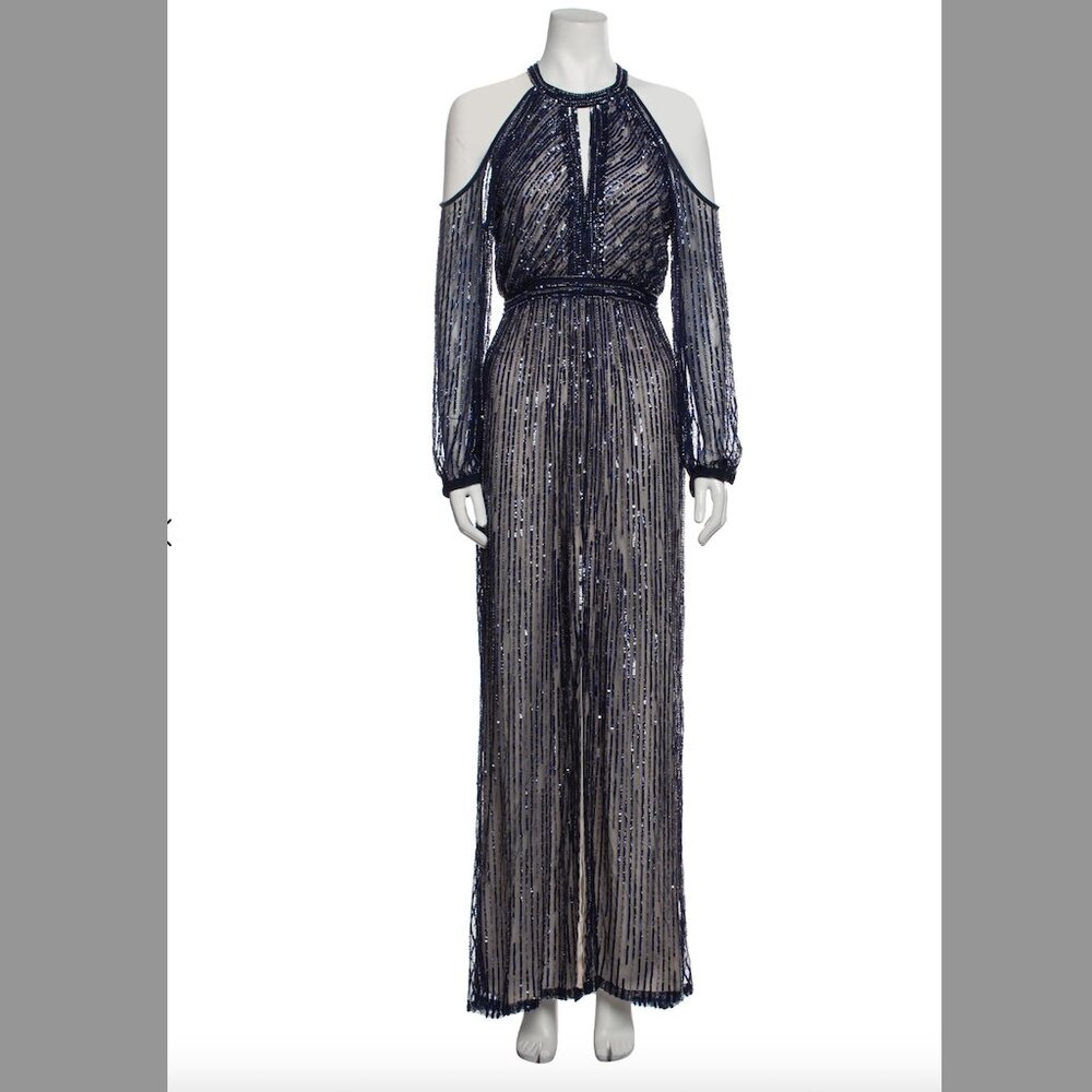 "Parker Black"  Blue / Beaded / Evening Gown / Long Sleeve / Cold Shoulder